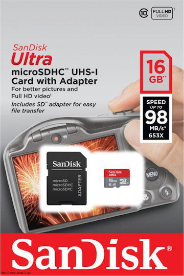 Sandisk Ultra microSDHC 16GB U1 A1 UHS-I 98MB/s with Adapter vue 9