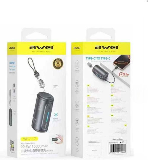 Awei Wp-117 Pocket Powerbank 10000mah 22.5w Usb-c Fast Charging Black view 2