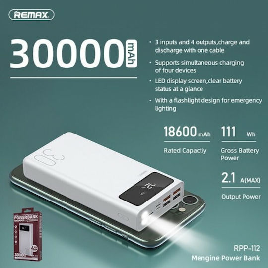 Remax RPP-112 Power Bank 30000mAh with 4 USB-A Ports White view 5