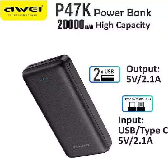 Awei P47K Power Bank 20000mAh with 2 USB-A Ports Black vue 7