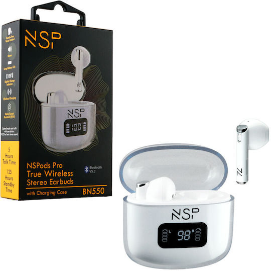 NSP BN550 Earbud Bluetooth Handsfree Earphones with Sweat Resistance and Charging Case White