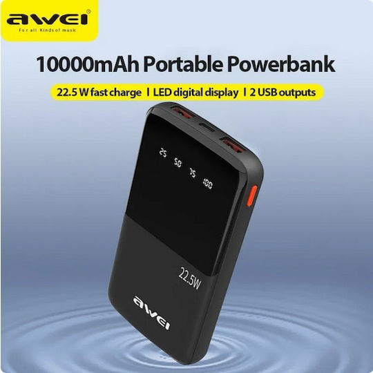 Awei P10K Power Bank 10000mAh 22.5W with 2 USB-A Ports and USB-C Port Black view 3