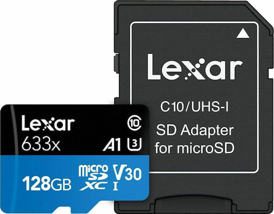 Lexar High-Performance 633x microSDXC 128GB U3 V30 A1 UHS-I 100MB/s With Adapter view 1
