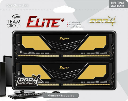 TeamGroup Elite+ DDR4 16GB RAM with 2x8GB Modules and Speed 3200 for Desktop TPD416G3200HC22DC01