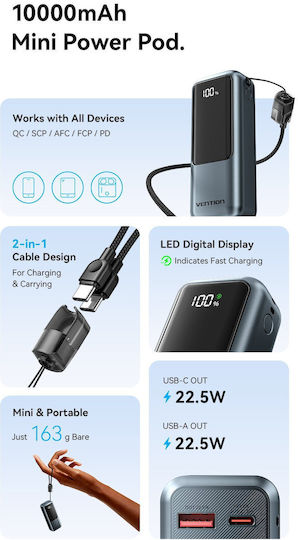 Vention Power Bank 10000mAh 22.5W with USB-A Port and USB-C Power Delivery Port view 6