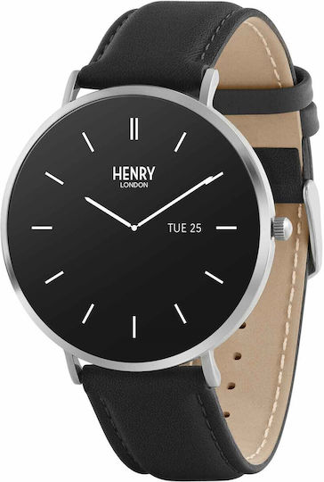 Henry London Smart Stainless Steel 43mm Smartwatch with Heart Rate Monitor (Silver & Black Leather) view 1