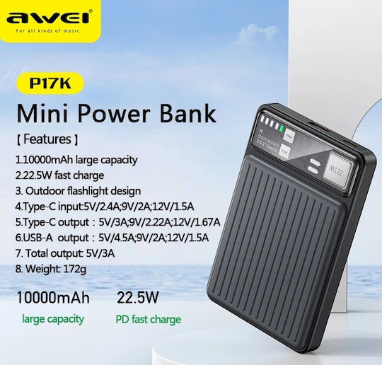 Awei P17K Power Bank 10000mAh 22.5W with USB-A Port and USB-C Port Gray view 2