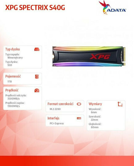 Adata XPG Spectrix S40G RGB SSD 1TB M.2 Type with PCI Express 3.0 Communication Protocol and Heatsink PH-AS40G-1TT-C vue 5