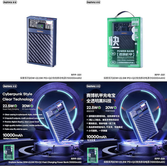 Remax RPP-551 Power Bank 10000mAh with USB-A Port and USB-C Port Power Delivery Blue view 2