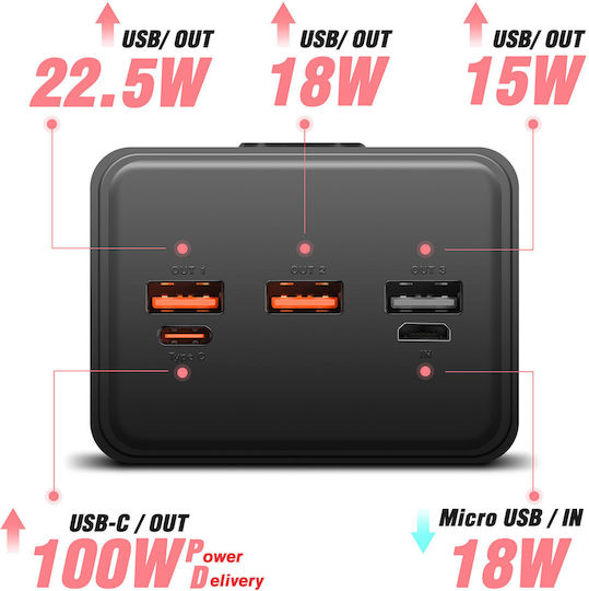 Swissten Power Bank 40000mAh 100W with 3 USB-A Ports and USB-C Port Quick Charge 3.0 Black view 6