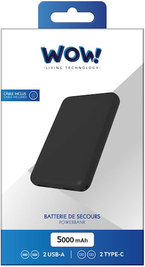 WOW Power Bank 5000mAh 10W with USB-A Port and USB-C Port Black view 5