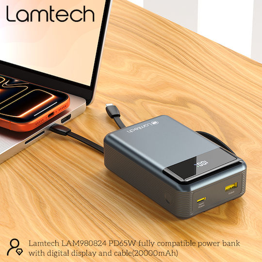Lamtech Power Bank 20000mAh 65W With USB-A Output Port And USB-C Output Port Power Delivery Quick Charge 3.0 Black view 4