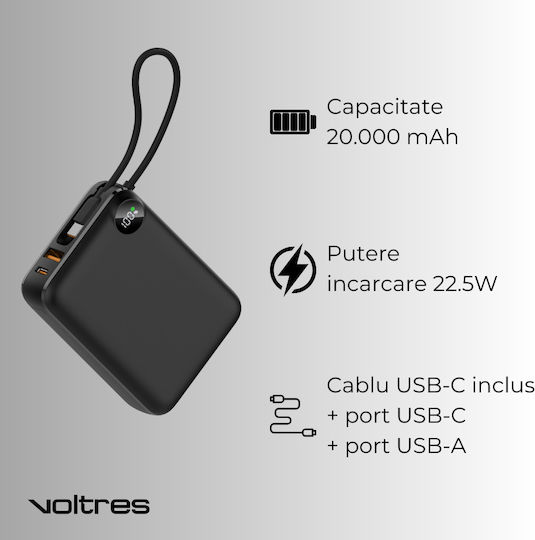 Voltres ChargeGO Power Bank 20000mAh 22.5W with USB-A Port and USB-C Port Black view 3