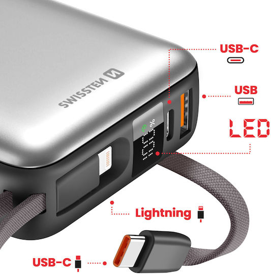 Swissten Space Power Bank 20000mAh 22.5W with USB-A Port and USB-C Power Delivery Port Silver view 3