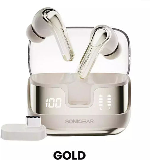 Sonic Gear Dual Mode In-ear Bluetooth Handsfree Earphones with Sweat Resistance and Charging Case Gold view 1