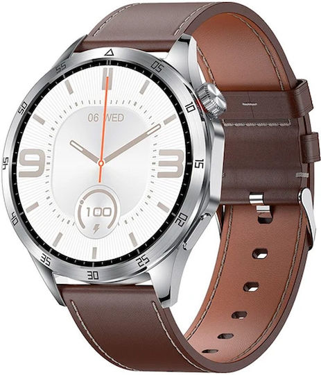 Microwear GT4 MAX 46mm Smartwatch with Heart Rate Monitor (Silver Case / Brown Leather Strap)