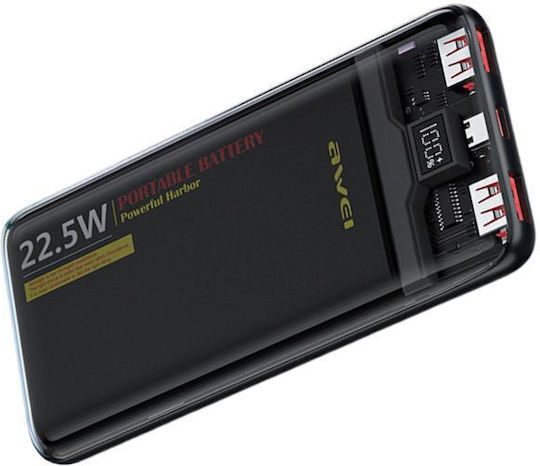 Awei Power Bank 10000mAh 22.5W with 2 USB-A Ports and USB-C Port Black