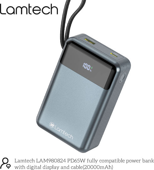 Lamtech Power Bank 20000mAh 65W With USB-A Output Port And USB-C Output Port Power Delivery Quick Charge 3.0 Black view 3