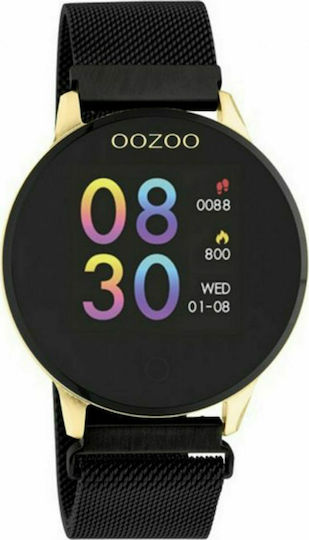 Oozoo Q00122 Stainless Steel 43mm Smartwatch with Heart Rate Monitor (Metal Mesh Strap Black With Gold) view 1