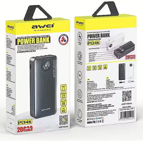 Awei P134K Power Bank 20000mAh with USB-A Port and USB-C Port Black view 5
