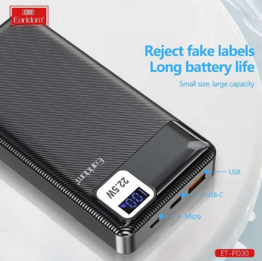 Earldom ET-PD30 Power Bank 20000mAh 22.5W with USB-A Port and USB-C Port Black view 4