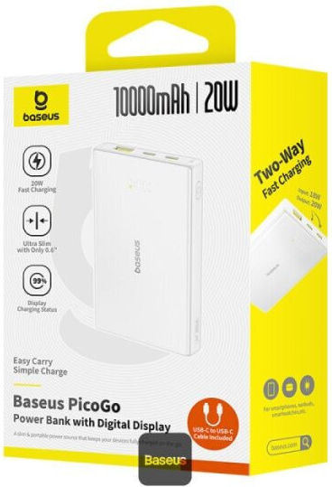 Baseus PicoGo Power Bank 10000mAh 20W with USB-A Port and 2 USB-C Power Delivery Ports White vue 8