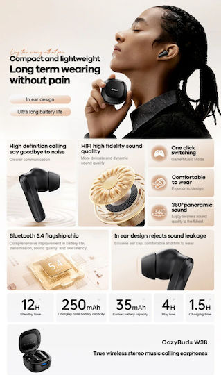 Remax Cozybuds W38 Bluetooth Handsfree Earphones with Sweat Resistance and Charging Case Black vue 3