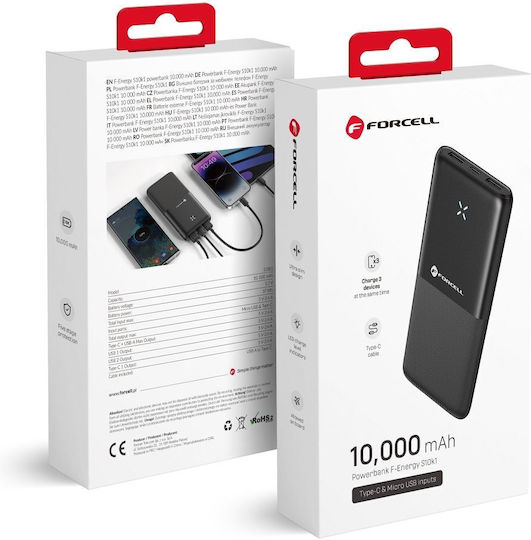 Forcell F-Energy S10k1 Power Bank 10000mAh with 2 USB-A Ports and USB-C Port Black vue 3
