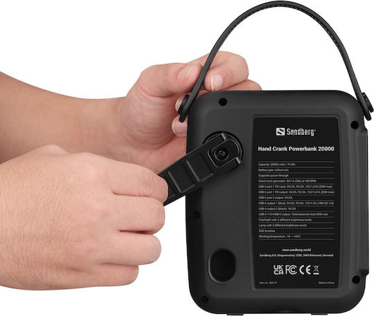 Sandberg Hand Crank Power Bank 20000mAh 20W with 2 USB-A Ports and 2 USB-C Ports Power Delivery Black view 7