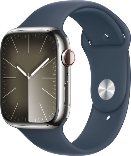 Apple Watch Series 9 Cellular Stainless Steel 45mm Waterproof with eSIM and Heart Rate Monitor (Silver with Storm Blue Sport Band (M/L)) view 2