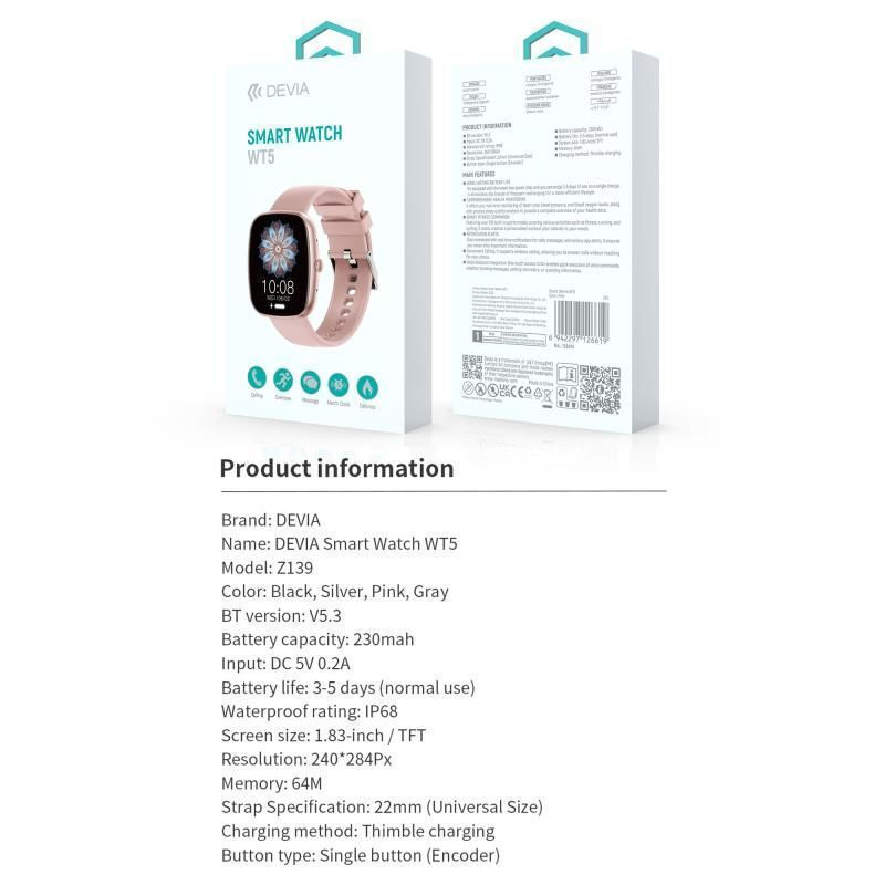 Devia WT5 Smartwatch with Heart Rate Monitor Pink view 3