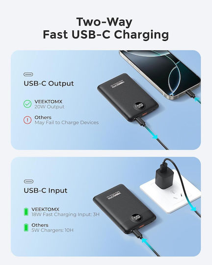 Veektomx VT103 Power Bank 10000mAh 22.5W with USB-A Port and USB-C Port Power Delivery / Quick Charge 3.0 Black vista 7