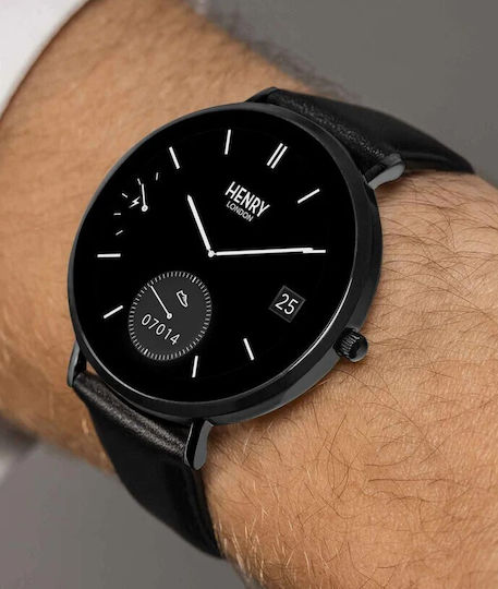 Henry London Smart Stainless Steel 43mm Smartwatch with Heart Rate Monitor (Black & Black Leather) view 6