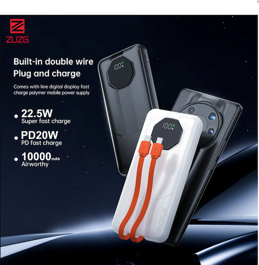 Zuzg C013 Power Bank 10000mah Fast Charging Built-in Cables & Digital Display White view 3