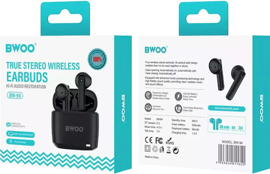 BWOO BW94 Earbud Bluetooth Handsfree Earphones with Sweat Resistance and Charging Case Black vue 3