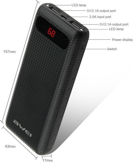 Awei P70K Power Bank 20000mAh with 2 USB-A Ports Black vue 3