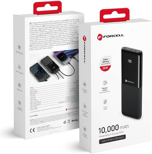 Forcell F-Energy P10k1 Power Bank 10000mAh 20W with 2 USB-A Ports and USB-C Port Power Delivery / Quick Charge 3.0 Black view 2