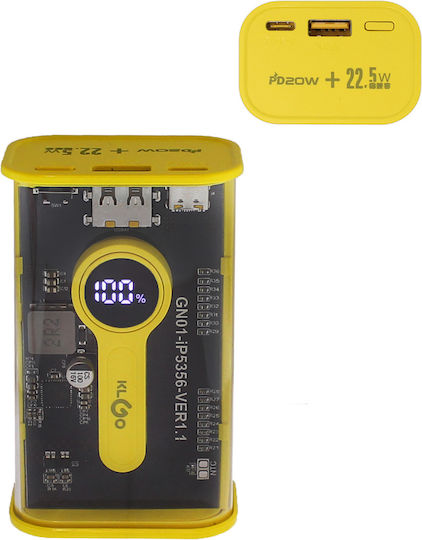 KLGO KP-91 Power Bank 10000mAh 22.5W with USB-A Port and USB-C Port Power Delivery Yellow