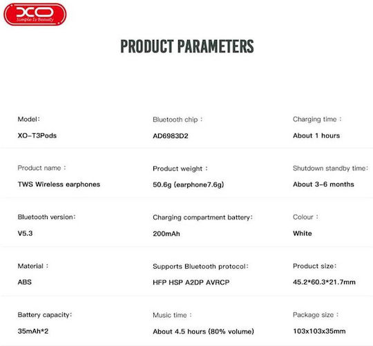 XO T3 In-ear Bluetooth Handsfree Earphones with Charging Case White view 6