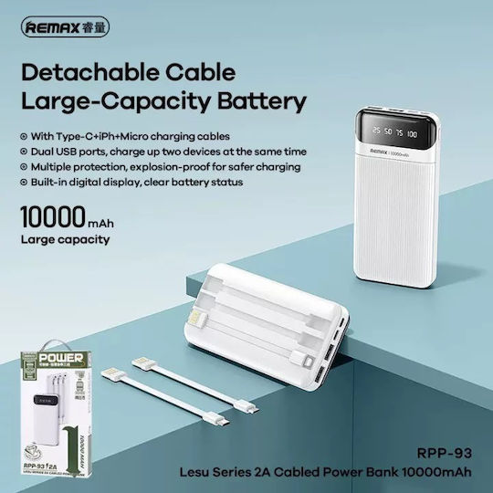 Remax RPP-93 Power Bank 10000mAh with 2 USB-A Ports White vue 3