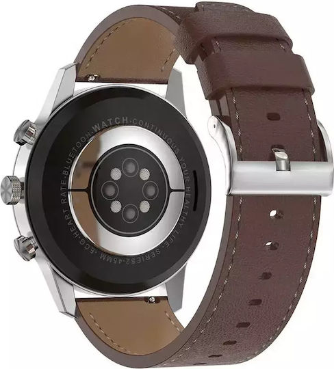 Nubi DT70 45mm Smartwatch with Heart Rate Monitor (Silver Case / Brown Leather Strap) view 3