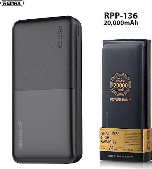 Remax RPP-136 Power Bank 20000mAh with 2 USB-A Ports Black