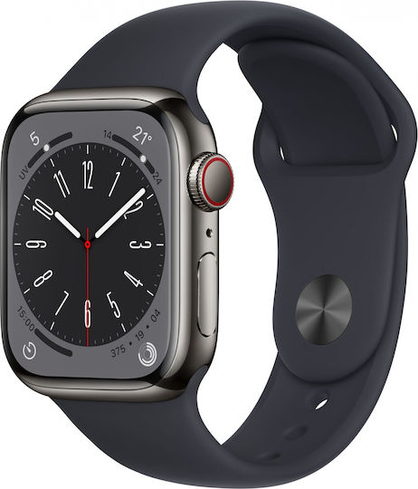 Apple Watch Series 8 Cellular Stainless Steel 41mm Waterproof with eSIM and Heart Rate Monitor (Graphite with Midnight Sport Band) view 1