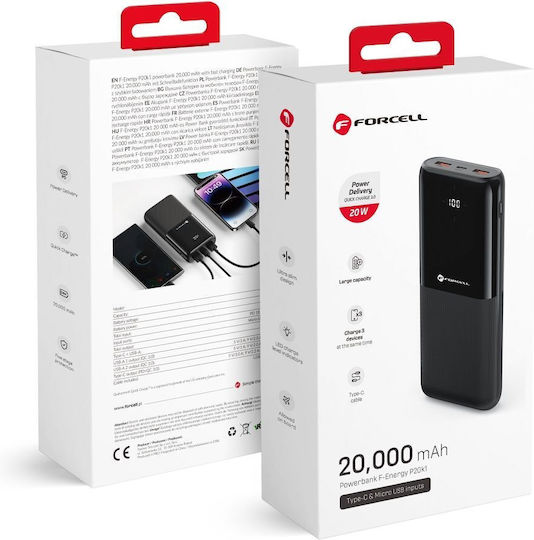 Forcell F-Energy P20k1 Power Bank 20000mAh 20W with 2 USB-A Ports and USB-C Port Power Delivery / Quick Charge 3.0 Black view 2