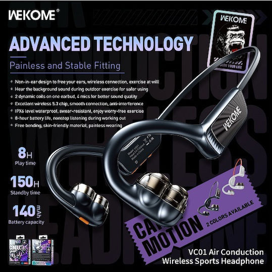 WK VC01 Open Ear Bluetooth Handsfree Earphones with Sweat Resistance Black view 3