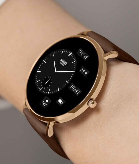 Henry London Smart Stainless Steel 43mm Smartwatch with Heart Rate Monitor (Rose & Chocolate Leather) view 3