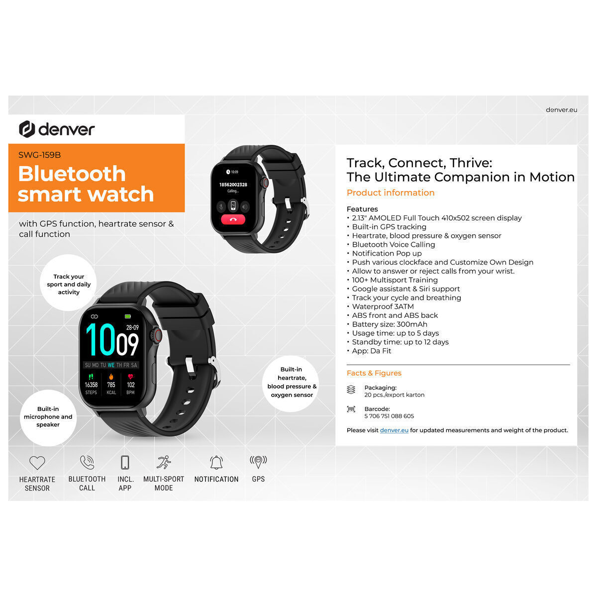 Denver SWG-159B 45mm Smartwatch with Heart Rate Monitor (Black) view 2