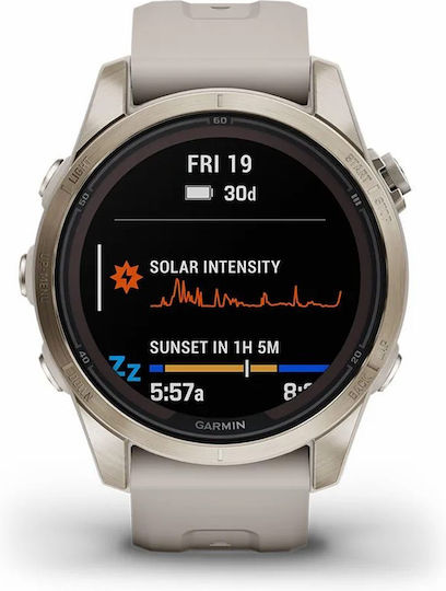 Garmin Fenix 7S Pro Solar Stainless Steel 42mm Waterproof Smartwatch with Heart Rate Monitor (Cream Gold SS With Gray Band) view 1