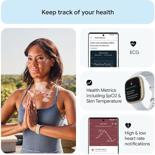 Fitbit Sense 2 Aluminium Waterproof Smartwatch with Heart Rate Monitor (Blue Mist/Soft Gold) vue 3