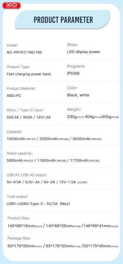 XO PR187 Power Bank 10000mAh 22.5W with 2 USB-A Ports and USB-C Port Power Delivery Black vista 4
